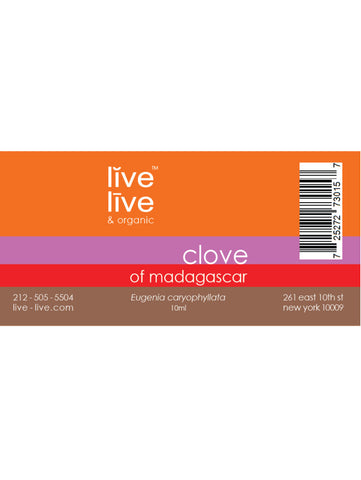 Clove of Madagascar Essential Oil, Eugenia caryophyllata, 10ml, Live Live & Organic, Label