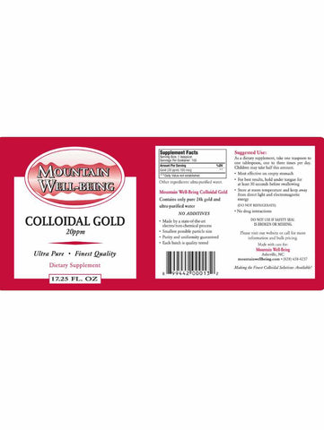 Colloidal Gold, 20ppm, 8oz, Mountain Well Being, Label