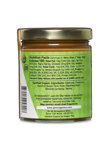 Pistachio Ginseng Sprouted Cashew Butter 6.52 oz, Jem, Back