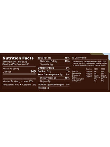 Energy Bar, Vegan Dark Chocolate, 2oz, Rawmantic, Nutrition Facts