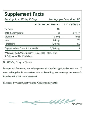 Wheat Grass Juice Powder, 5.3oz, Pure Synergy, Supplement Facts