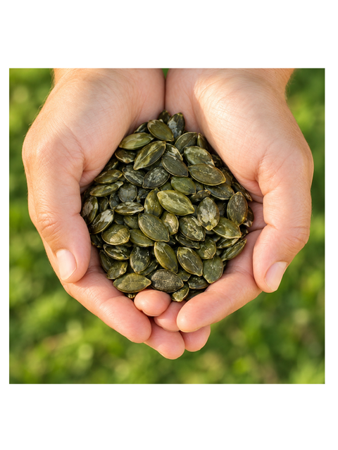 Hands holding austrian pumpkin seeds