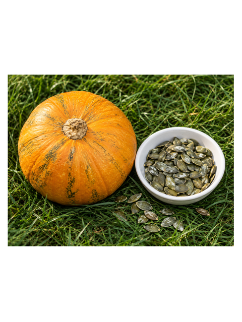 austrian pumpkin seeds in a bowl next to a pumpkin