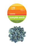 austrian pumpkin seeds, organic, 4oz, live live & organic. Small pile of Austrian Pumpkin Seeds with the label above.