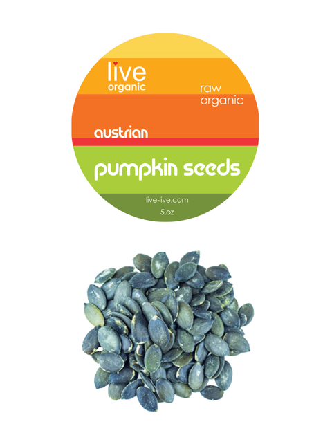 austrian pumpkin seeds, organic, 4oz, live live & organic. Small pile of Austrian Pumpkin Seeds with the label above.