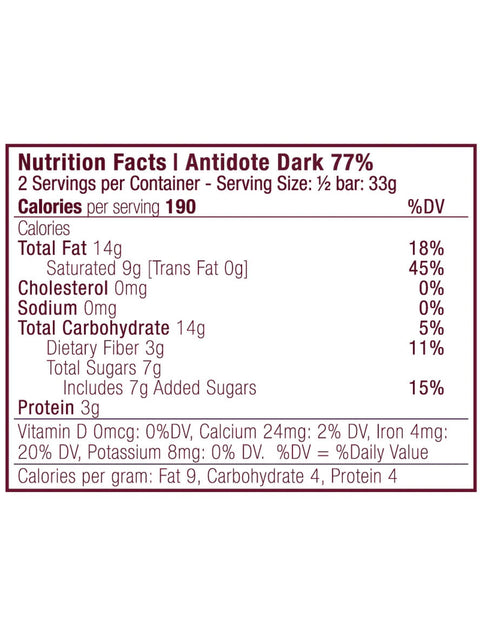 Hestia, Banana & Cayenne Chocolate Bar, 77%, Antidote Chocolate, Nutrition Facts