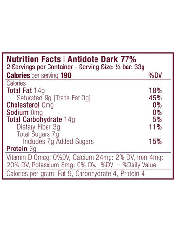 Hestia, Banana & Cayenne Chocolate Bar, 77%, Antidote Chocolate, Nutrition Facts