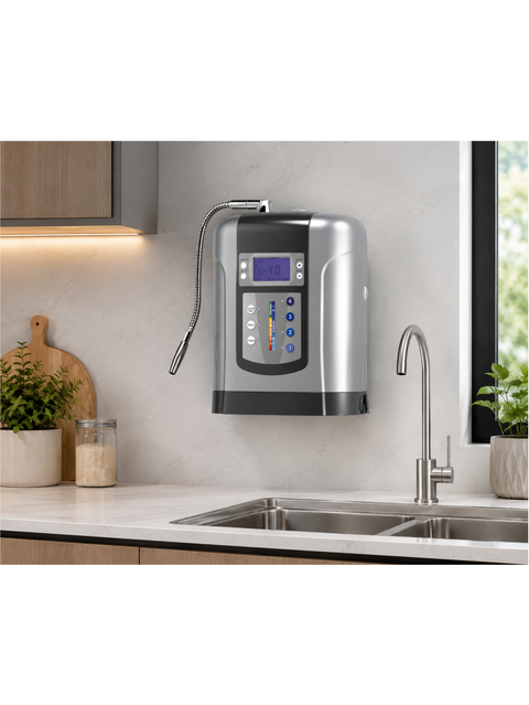 Aquatonic AQ700 Alkaline Water Ionizer with a digital display and flexible hose mounted on a light gray tiled kitchen wall above a sink.