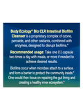 Product label for Body Ecology Bio CLR Intestinal Biofilm Cleanser with text on a blue background