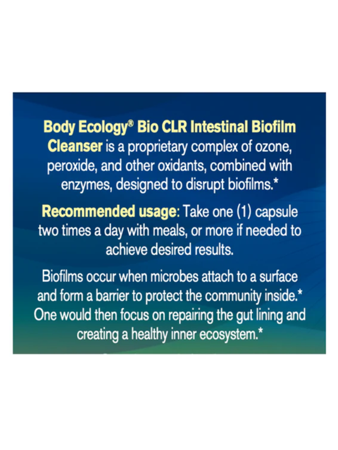 Product label for Body Ecology Bio CLR Intestinal Biofilm Cleanser with text on a blue background