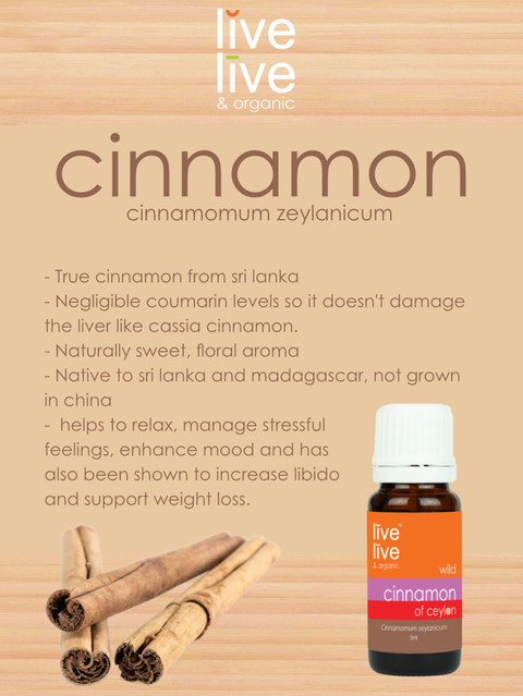 cinnamon of ceylon essential oil, cinnamomum zeylanicum, 5ml, live live & organic, info graphic