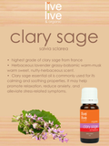 clary sage of france essential oil, salvia sclarea, 5ml, live live & organic, info graphic