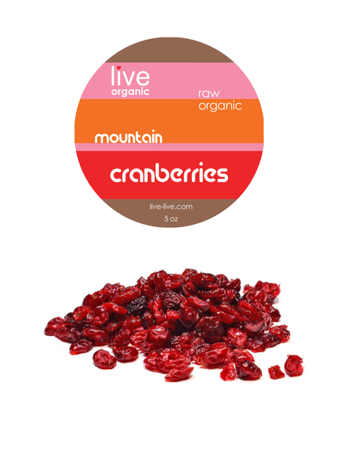 mountain cranberries, wild, 3oz, live live & organic. Small pile of Mountain Cranberries with the label above.