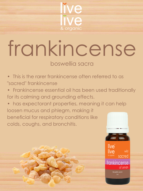 frankincense sacred of oman essential oil, boswellia sacra, 5ml, live live & organic, info graphic