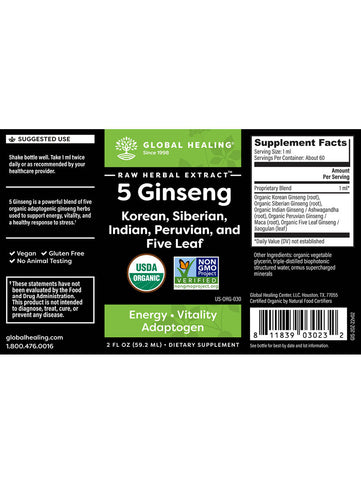 Ginseng, Energy Support, 2oz, Global Healing, Label