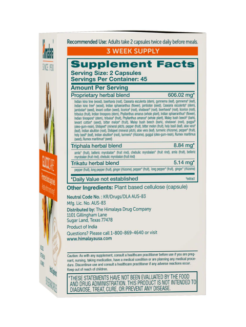 A box of Himalaya GlucoCare, Blood Sugar Balance, 90 Caps, showing the Supplement Facts panel on the front against a white background.