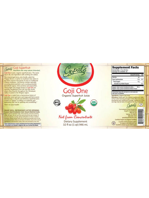 Goji One Organic SuperFruit Juice, Gopal's HealthFoods, 32oz, Label