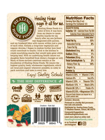 Raw Crackers, Kale Goji, 3.5oz, Healing Home Foods, Label