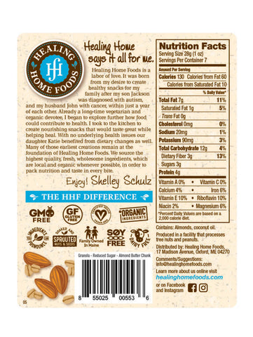 Granola, Almond Butter Chunk, Reduced Sugar, 7oz, Healing Home Foods, Label