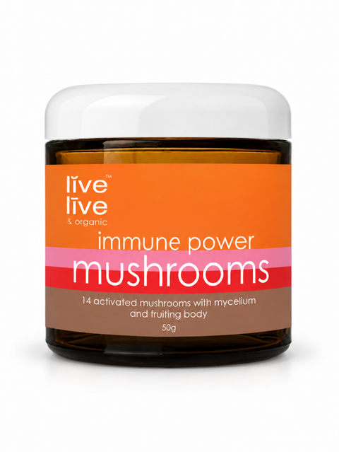 immune power blend of 14 mushrooms, 50g powder, live live & organic