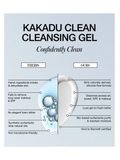 Comparison chart of Kakadu Clean Cleansing Gel by RMS Beauty, with text and icons on a light blue background