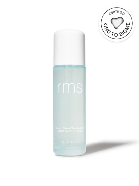 Bottle of Kakadu Clean Cleansing Gel, RMS Beauty on a white background with certification logo.