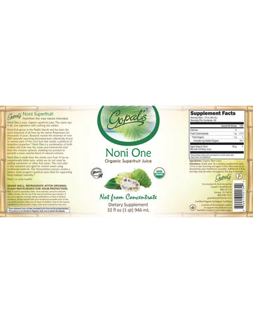 Noni One Organic SuperFruit Juice, Gopal's HealthFoods, 32oz, Label
