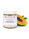 Jar of 'Peel Me A Papaya' exfoliant with a halved papaya on a white background, Simply Divine Botanicals