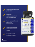 Bottle of Premier CoQ-10 supplement with label and blue background