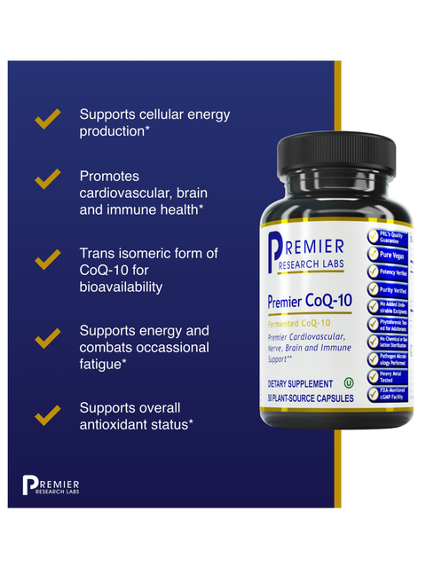 Bottle of Premier CoQ-10 supplement with label and blue background