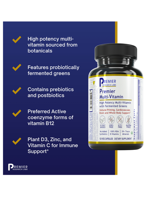 Premier Multi-Vitamin, 120 Caps, Premier Research Labs with feature list on a blue background