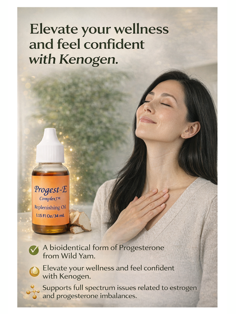 Woman with eyes closed, bottle of Progest-E Complex oil, and promotional text about Kenogen on a blurred background.