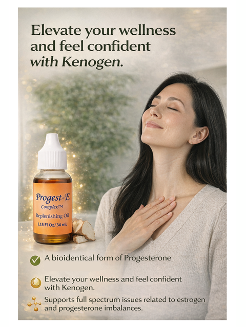 Woman with eyes closed, holding her neck, next to a bottle of Progest-E Complex oil with promotional text about Kenogen.