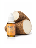 Progest-E Complex replenishing oil , by Kenogen, with two pieces of wild Yam root on a white background