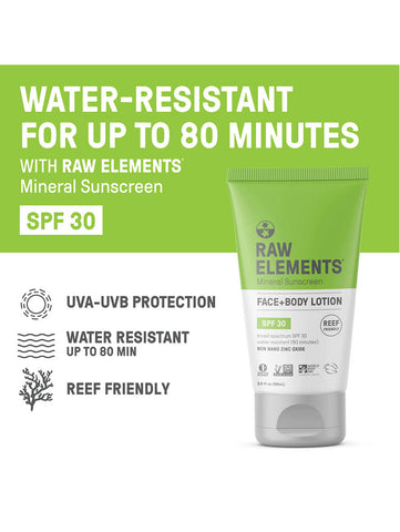 Face And Body Sunscreen, SPF 30+, 3oz, Raw Elements, Info Sheet