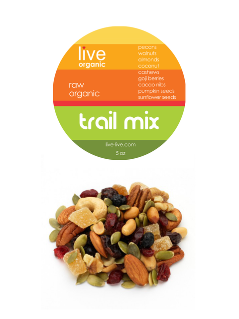 trail mix, organic, 5oz, live live & organic. Small pile of assorted nuts berries and seeds with the label above.