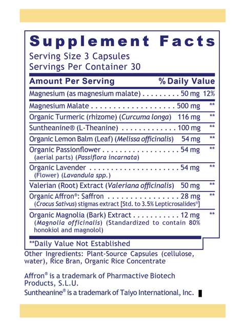 Supplelment facts for Tranquinol, 90 Veg Caps, Premier Research Labs