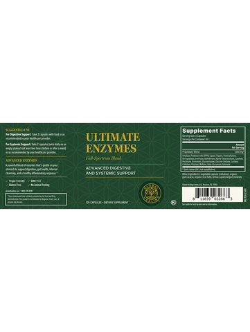 Ultimate Enzymes, (Formerly Veganzyme) Digestive Enzymes, 120 Veg Caps, Global Healing, Label