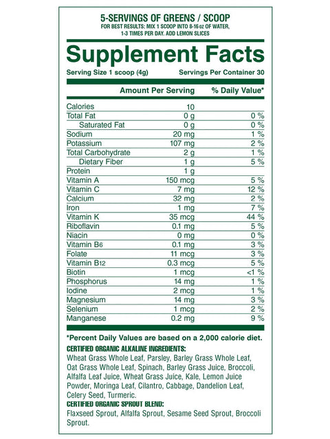 Acid Kicking Greens, Raw, 120g, Alkamind, Facts