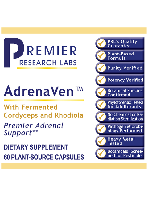 Supplement label for AdrenaVen by Premier Research Labs with various quality assurance claims.