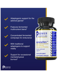 Vitamin supplement bottle with label on a blue background, featuring text about vitamin benefits.