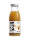 A bottle of Poma Pure Apricot Juice with condensation droplets, featuring a white label with orange and black text and an apricot illustration, set against a plain white background.