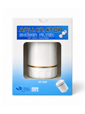 AquaNator Shower Filter SF-008 in its original retail packaging, featuring a white cylindrical filter with a gold accent band visible through a clear window on a white and blue box.
