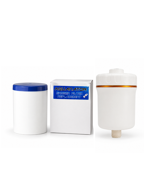aquanator shower filter filter kit showing two white cylindrical filter canisters, one with a blue lid and one with a gold accent band, alongside their white retail packaging box.