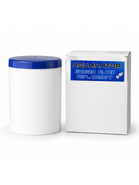 A white cylindrical replacement canister with a blue lid stands next to its white retail box labeled 'AQUANATOR SHOWER FILTER REPLACEMENT' on a clean white background.