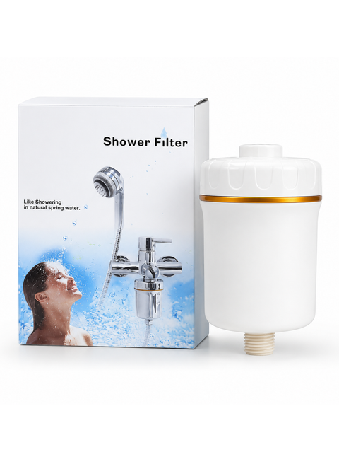 A white shower filter cartridge with a gold accent band and beige threaded base, shown next to its white retail box featuring a shower head and water imagery.