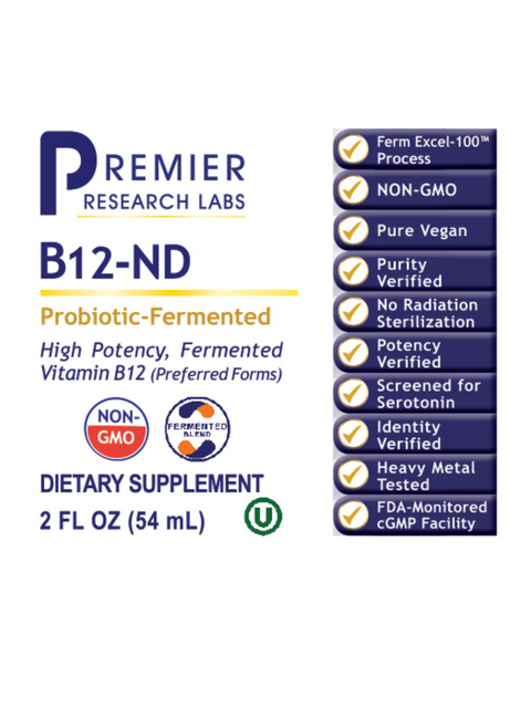 B12-ND, Sublingual, 2 fl.oz, Premier Research Labs, front label