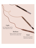 Three Back2Brow Pencils by RMS Beauty with color descriptions on a light pink background