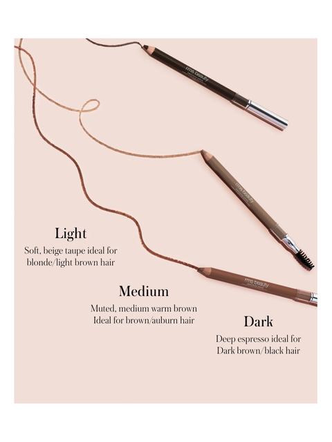 Three Back2Brow Pencils by RMS Beauty with color descriptions on a light pink background