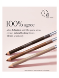 Three Back2Brow Pencils by RMS Beauty on a light pink background, featuring text about product benefits.